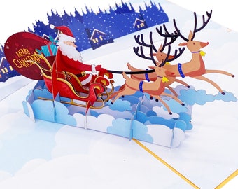 Liif Santa Sleigh And Reindeer 3D Greeting Pop Up Christmas Card, Happy Christmas Card For Kids, Boy, Girl, Xmas, Holiday | Large Size 8 X 6