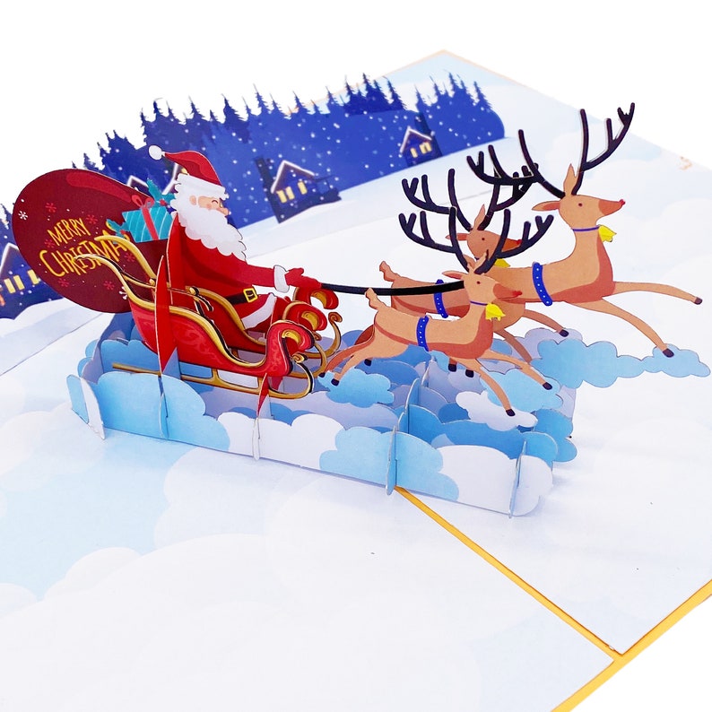 Liif Santa Sleigh And Reindeer 3D Greeting Pop Up Christmas Card, Happy Christmas Card For Kids, Boy, Girl, Xmas, Holiday Large Size 8 X 6 image 1