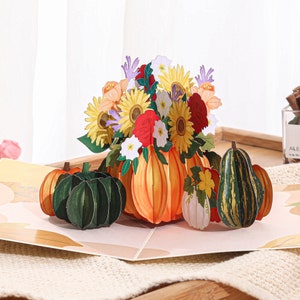 Cartão de Ação de Graças com Flor de Abóbora Liif, Cartão Pop Up 3D, Cartão de Outono, Outono