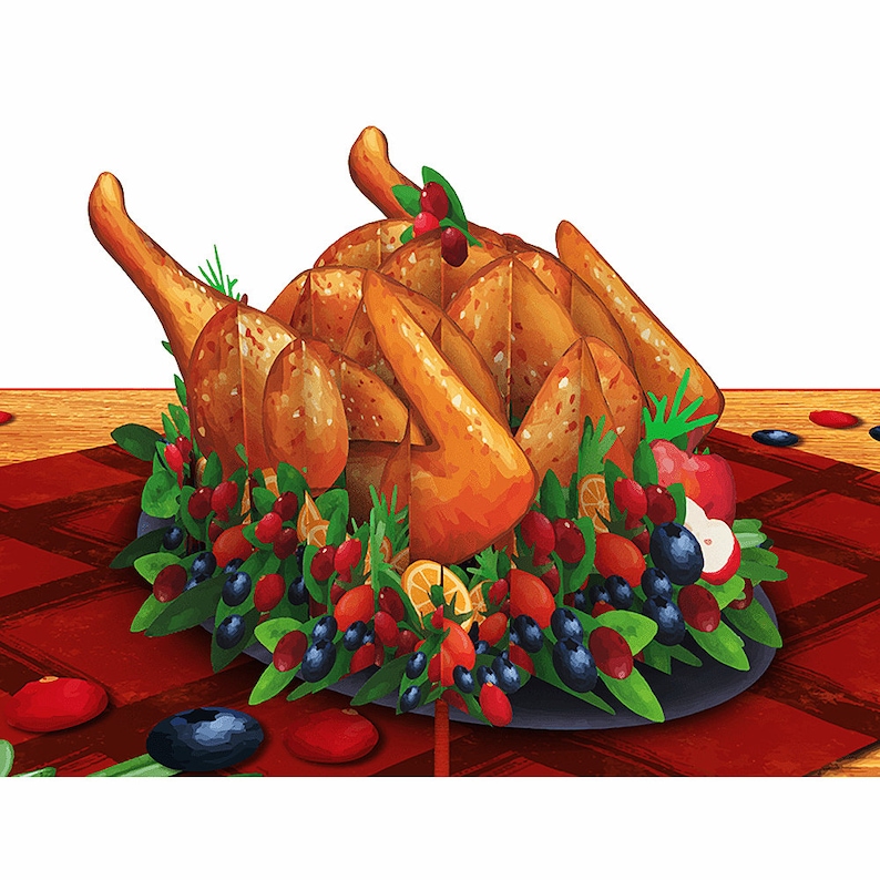 May include: A roasted turkey with a golden brown crust, surrounded by a wreath of green leaves, red berries, and blueberries. The turkey is on a red and white checkered tablecloth.