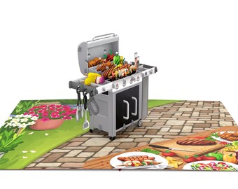 Diese-Klappkarten Biglietto Pop Up per Barbecue - Biglietto Invito Compleanno - Grigliata Party Festa del Papà - Biglietto Auguri 3D - Design con BBQ - 15 x 15 cm