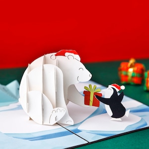 Liif Carte pop-up 3D Penguin Bear, Cartes de Noël pop-up, Cartes de Noël 3D