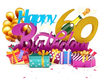 60th Birthday Pop Up Card, Golden Glitter Balloons, Handmade