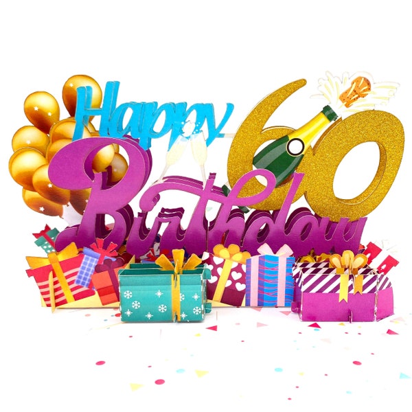 Liif 60th Birthday Card, Happy 60th 3D Greeting Pop Up Birthday Card - For Women, Men, Mom, Dad - Balloons, With Golden Glitter,60 Years Old