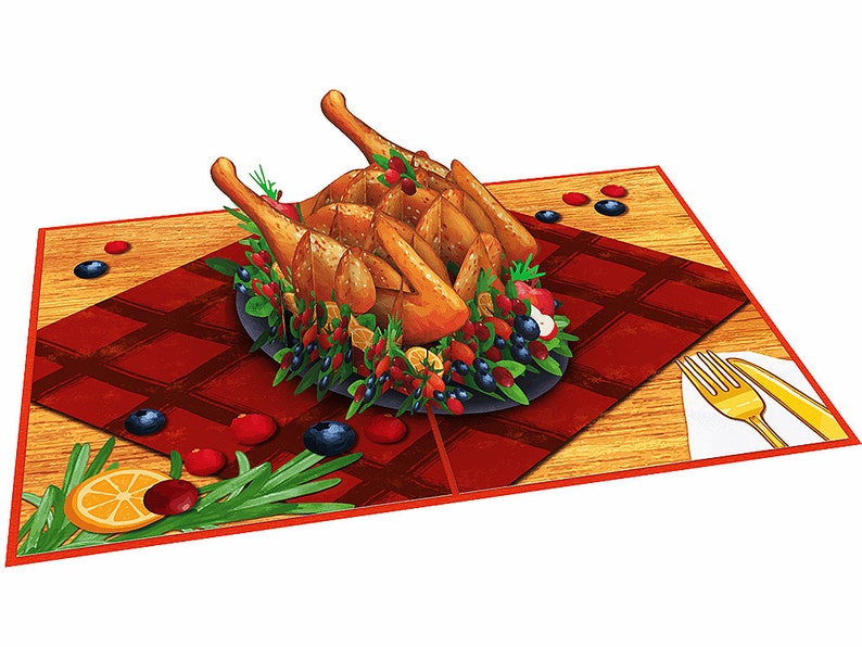 May include: A 3D pop-up card featuring a roasted turkey on a platter with cranberries, blueberries, and rosemary sprigs. The turkey is surrounded by a red and white checkered tablecloth on a wooden table. A gold fork and knife are on the table.