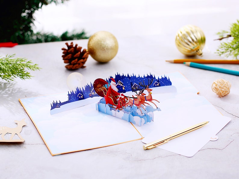 Liif Santa Sleigh And Reindeer 3D Greeting Pop Up Christmas Card, Happy Christmas Card For Kids, Boy, Girl, Xmas, Holiday Large Size 8 X 6 image 2