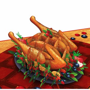 May include: A roasted turkey on a platter with a red and black checkered tablecloth. The turkey is surrounded by cranberries, blueberries, and herbs.