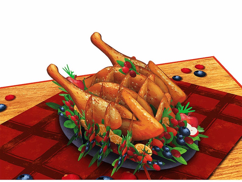 May include: A roasted turkey on a platter with a red and black checkered tablecloth. The turkey is surrounded by cranberries, blueberries, and herbs.