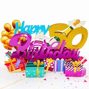 Liif Happy 50th Birthday Card 3D Pop Up Geburtstagskarte Für Männer Frauen, DAD, Mom, Lustig 50 Gold Glitter |Mit Textnotiz & Umschlag