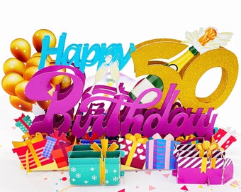 50th Birthday Pop Up Card, Gold Glitter Celebration