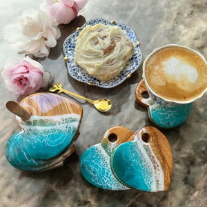 Olive Wood Resin Coasters Housewarming Gift Beach House Coastal Decor Ocean Resin Coasters Set of 6 Mothers Day Gift Wedding Gift Resin Art