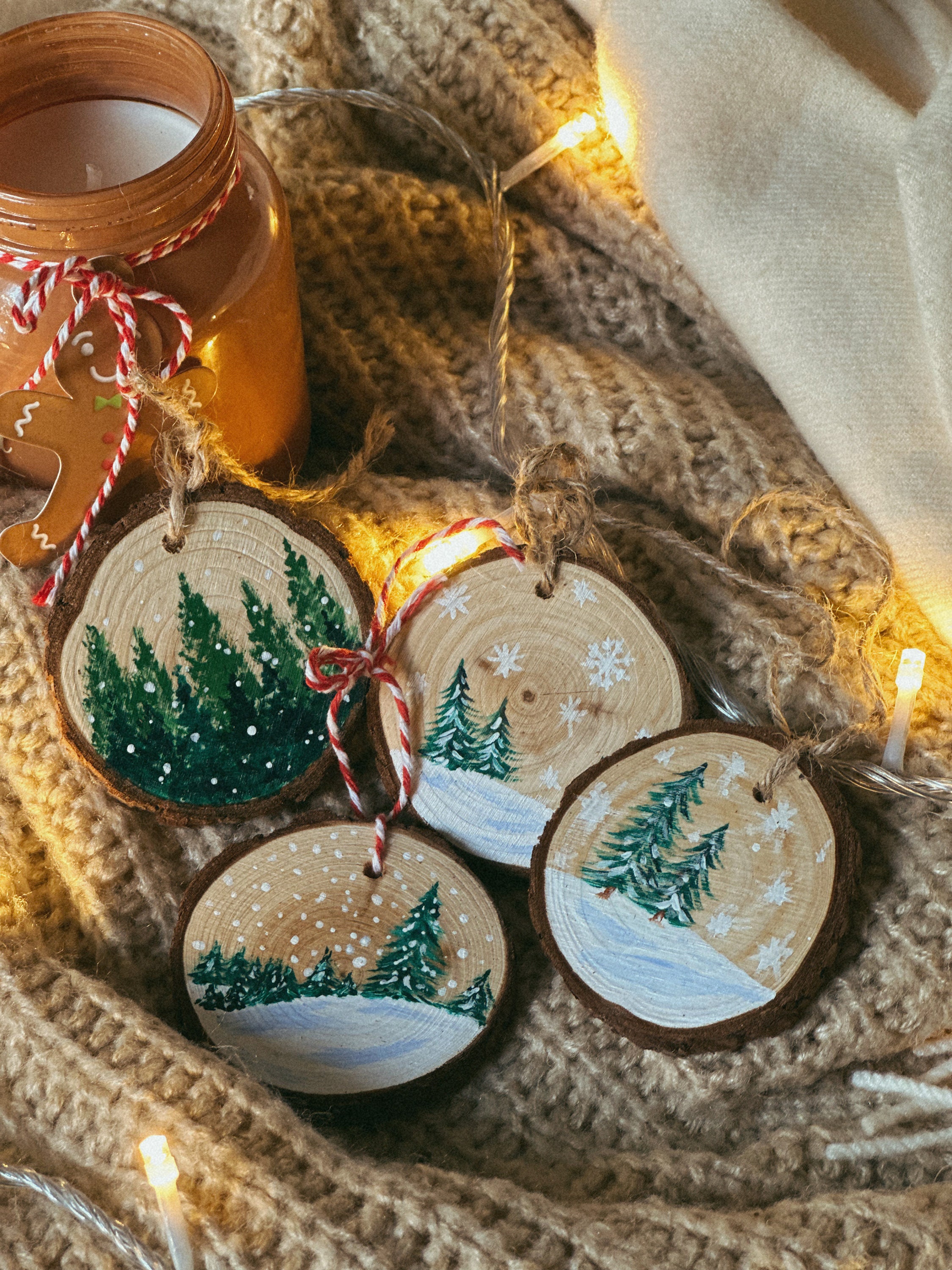 Seasonal Hand painted Wood Ornaments Set Of 4 Christmas Decor Home Decor