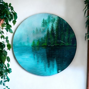 Acrylic Painting on Canvas Forest by the lake Acrylic Painting Woods Acrylic Painting Round Canvas Acrylic Painting Wall Art Home Decor