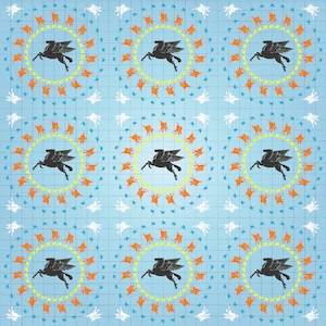 May include: A repeating pattern of winged horses in black, surrounded by yellow and orange circles on a light blue background.