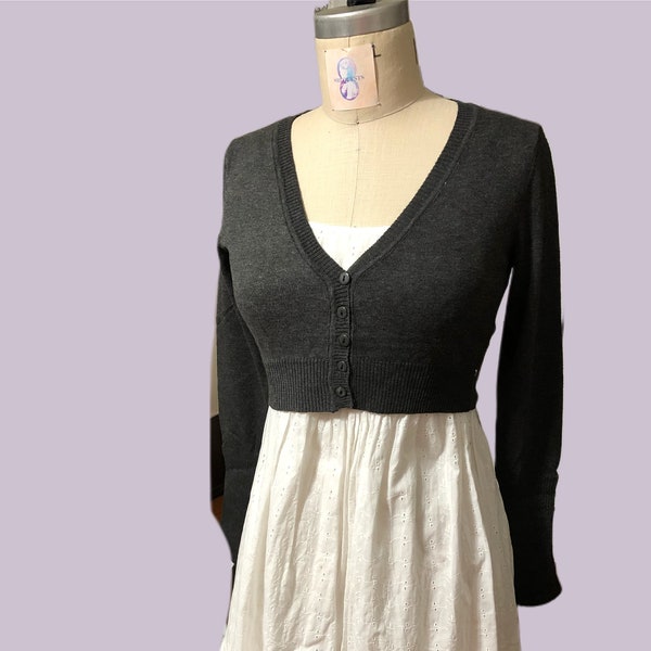 Latte, Grey, Charcoal  Cropped cardigan, button front and button at sleeve cuff, one size fit all for women.