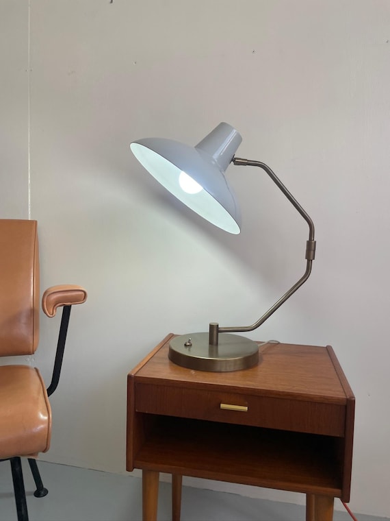 Clay Michie style mid century table lamp with white metal shade - pair available