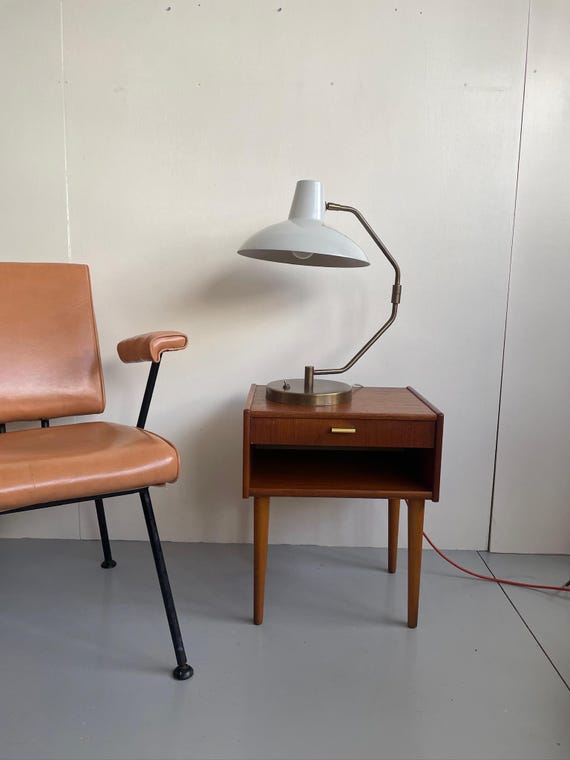 Clay Michie style mid century table lamp with white metal shade - pair available