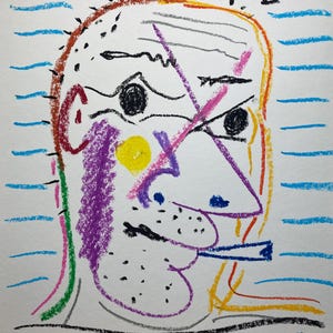 May include: A colorful crayon drawing on paper depicting a stylized face with a cigarette. The artwork features bold black outlines, purple, yellow, and orange accents, and blue horizontal lines. Text at the top reads Picasso 20.5-64 IV.