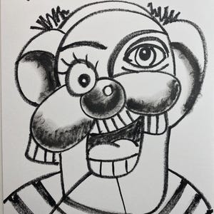 May include: A black and white charcoal drawing of a clown's face. The clown has a large nose, exaggerated features, and a wide, toothy grin. The drawing is signed "sds" in the upper left corner. The clown is wearing a striped shirt.