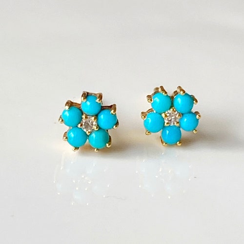 Turquoise Flower 14K Solid Gold Stud Earrings real Turquoise - Etsy