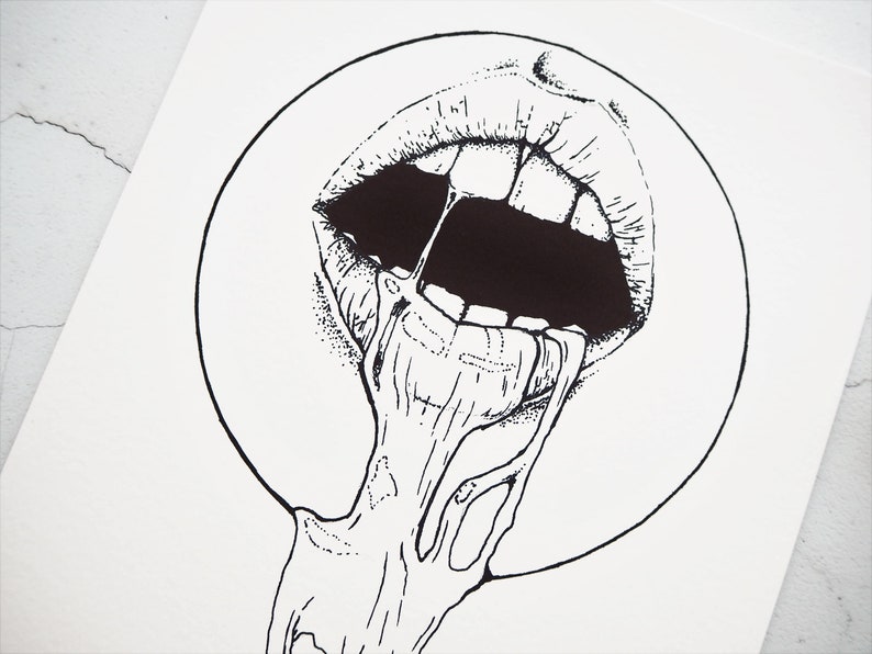 Drooling Fine Art Print A4 open mouth illustration dark | Etsy