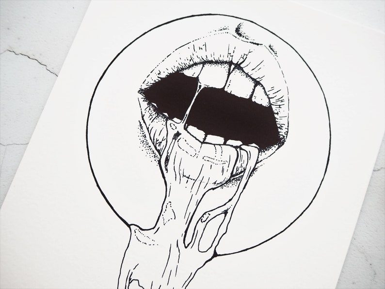Drooling Fine Art Print A4 open mouth illustration dark Etsy