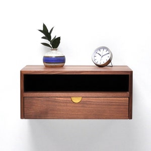Solid walnut floating nightstand with drawer and shelf, midcentury bedside table, mid century modern