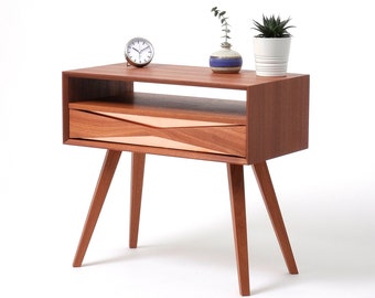 Mid century modern solid sapele ( mahogany ) nightstand with copper front, midcentury bedside table