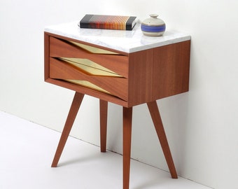 Mid century modern solid sapele ( mahogany ) nightstand with marble top, brass front and two drawers, midcentury bedside table