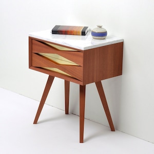 Mid century modern solid sapele ( mahogany ) nightstand with marble top, brass front and two drawers, midcentury bedside table