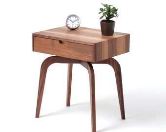 Mid century modern solid walnut nightstand with drawer, midcentury bedside table