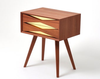 Mid century modern solid sapele ( mahogany ) nightstand with brass front and two drawers, midcentury bedside table