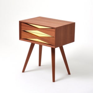 Mid century modern solid sapele ( mahogany ) nightstand with brass front and two drawers, midcentury bedside table