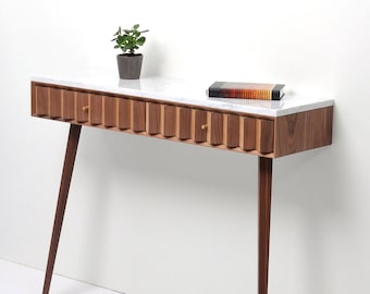 Console hallway table walnut and oak wood with marble top, entryway table with two drawers, mid century modern, hallway table