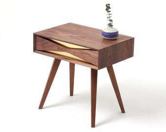 Mid century modern solid walnut nightstand with brass front and drawer, midcentury bedside table