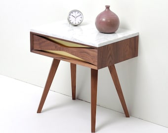 Mid century modern solid walnut nightstand with marble top, brass front and drawer, midcentury bedside table