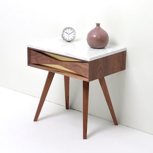 Mid century modern solid walnut nightstand with marble top, brass front and drawer, midcentury bedside table