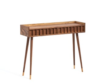 Console hallway table walnut wood, entryway table with two drawers, mid century modern, hallway table