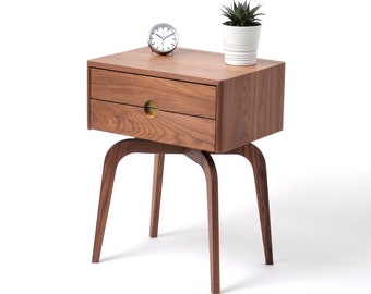 Mid century modern solid walnut nightstand with double drawers, midcentury bedside table