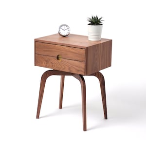 Mid century modern solid walnut nightstand with double drawers, midcentury bedside table