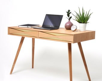 study table for home Mid century modern solid oak desk with two drawers and brass, bureau, office desk, study desk, walnut