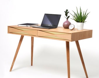 Mid century modern solid oak desk with two drawers and brass, bureau, office desk, study desk, walnut