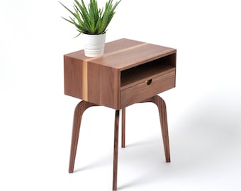 Mid century modern solid walnut nightstand with drawer and shelf, midcentury bedside table