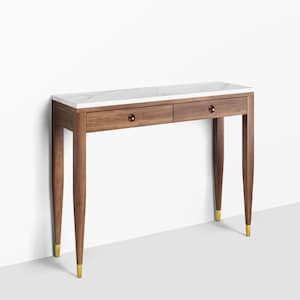 Walnut console hallway table with marble top, entryway table with two drawers, mid century modern, dressing table in solid walnut wood