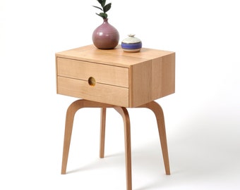 Mid century modern solid oak nightstand with two drawers, midcentury bedside table