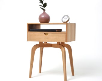 Mid century modern solid oak nightstand with drawer and shelf, midcentury bedside table