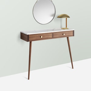Walnut console hallway table with marble top, two drawers and two legs, entryway table, mid century modern, dressing table, walnut wood, oak