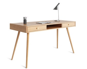 Oak office desk with two solid oak drawers including shelf, mid century modern, study desk, modern, hand desk, solid oak desk, table, bureau
