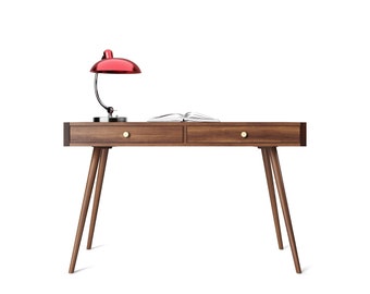 Mid-Century Modern Walnut Desk with Drawers, Solid Wood Office Desk