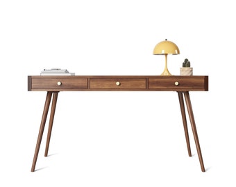 Mid Century Modern Walnut Desk, Solid Wood with Brass Handles